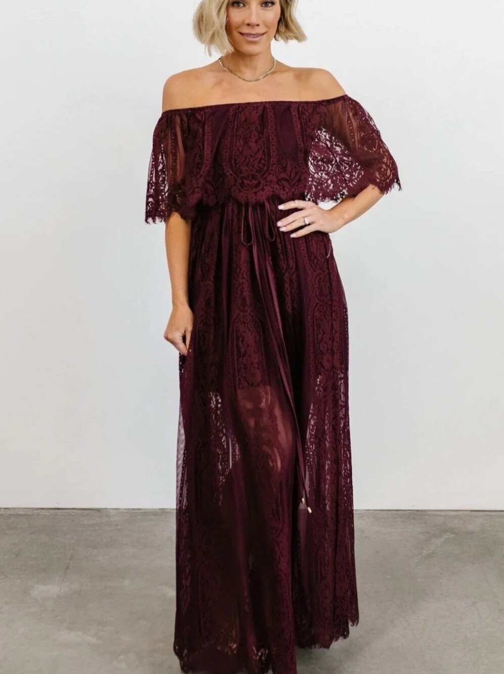 Baltic Born Off-Shoulder Lace Maxi Dress in Burgundy